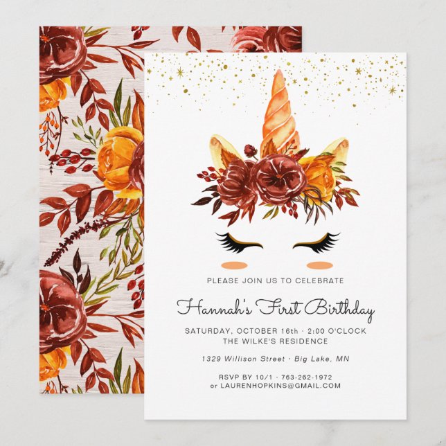 Unicorn Face Autumn Floral Birthday Invitation (Front/Back)