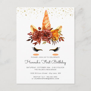 Unicorn Face Autumn Floral Birthday Invitation Postcard