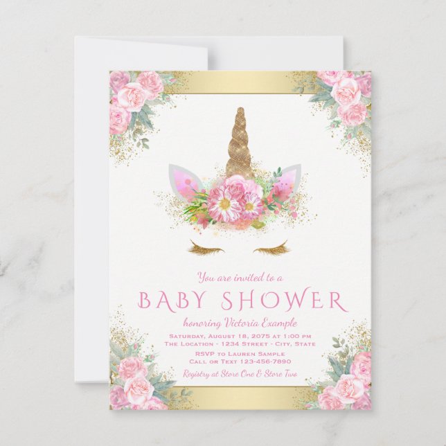 Unicorn Face bébé fille douche Invitations (Devant)