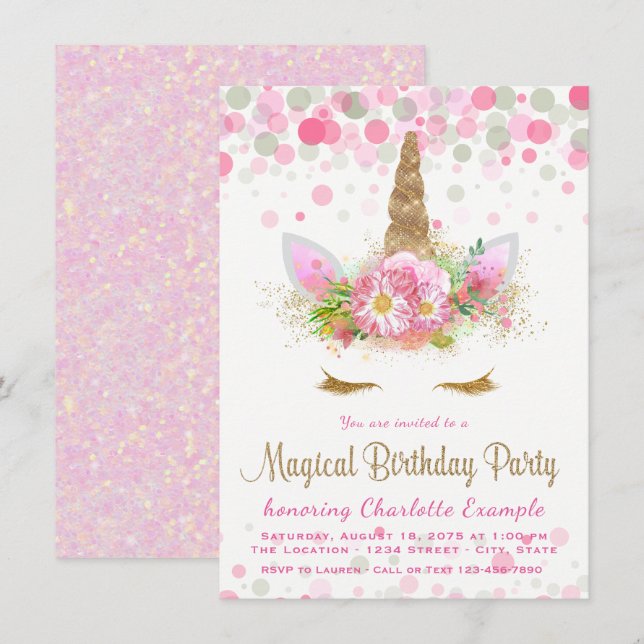 Unicorn Face Birthday Party Invitations (Front/Back)