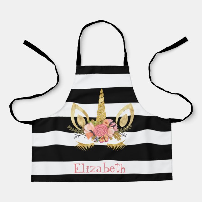 Unicorn Face , Black, White Stripes Personalized Apron (Front)