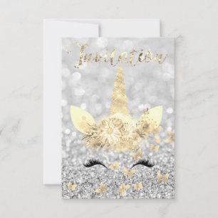 Unicorn Face Faux Gold Silver Grey Glitter Lashes Invitation