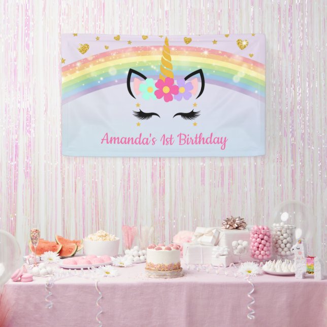 Unicorn Face Floral Crown Birthday Party Banner (Party)