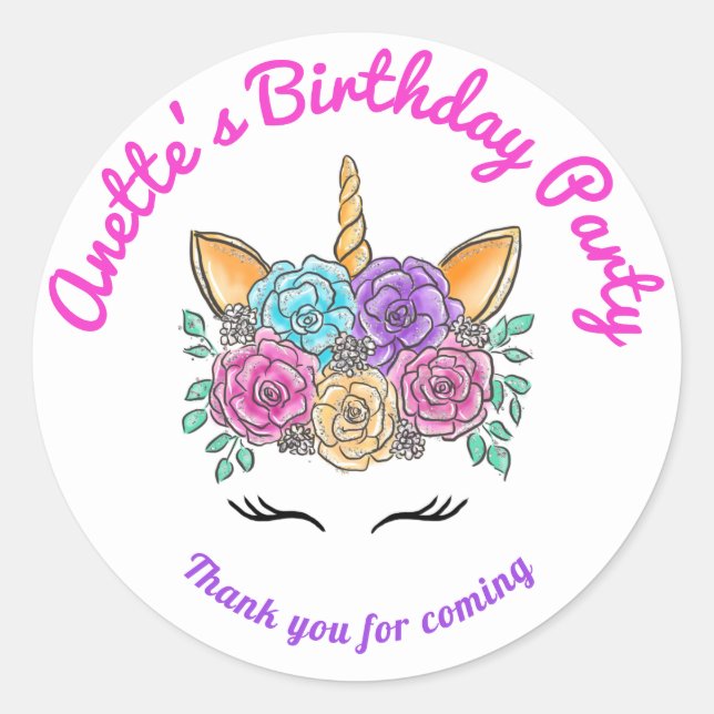 Unicorn Face Flowers | Birthday Thank You Classic Round Sticker (Front)