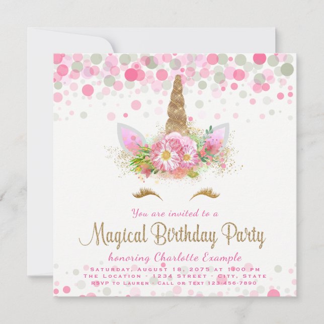 Unicorn Face Girls Birthday Party Invitations (Front)