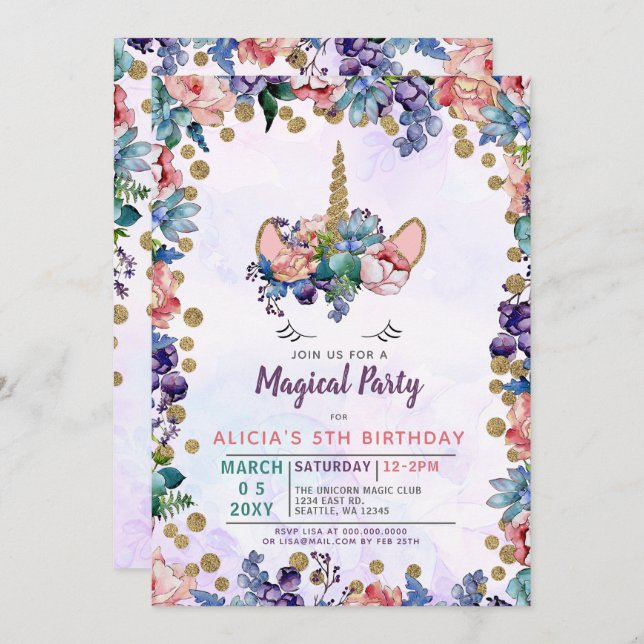 Unicorn Face Glitter Floral Birthday Invitation (Front/Back)