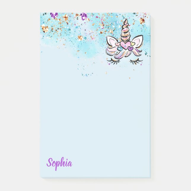 Unicorn Face Glitter Pink and Purple Magical Girls Post-it Notes (Front)