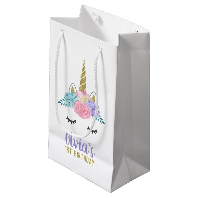 Unicorn Face Gold Glitter Birthday Gift Bag (Front Angled)