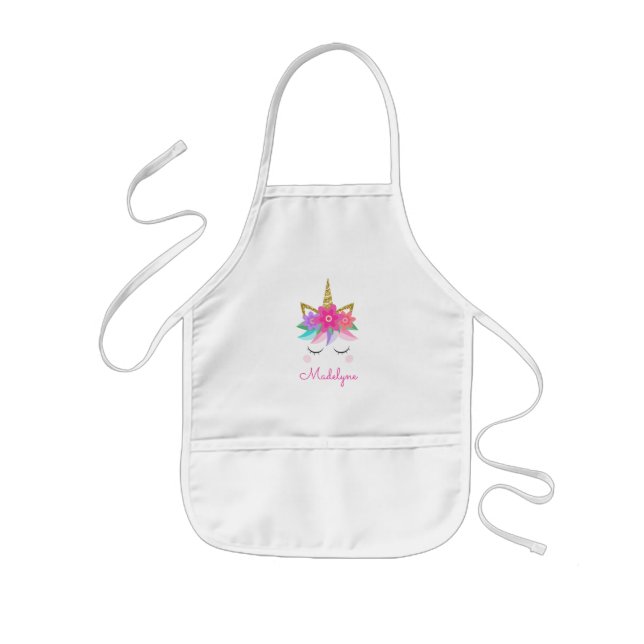 Unicorn Face Gold Glitter Personalized Name Kids Apron (Front)