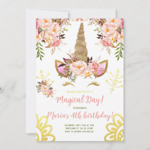 Unicorn face Gold Pink Peony Floral Birthday Invitation