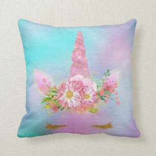 Unicorn Face Horn Lashes Pink Flowers Gold Aqua Throw Pillow
