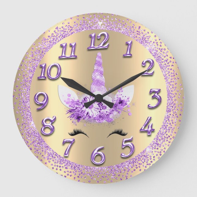 Unicorn Face Numbers Girly Glitter Spark Purple Large Clock (Front)