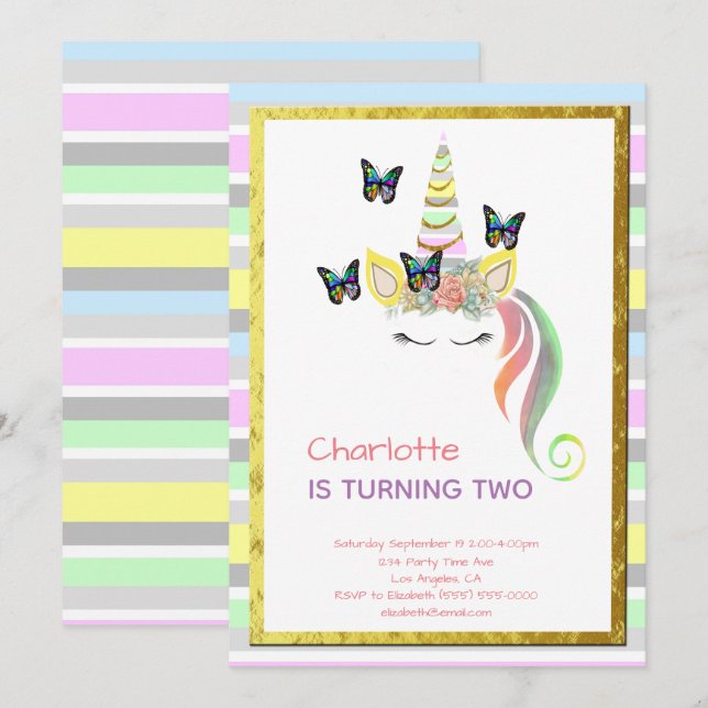 Unicorn Face Pastel Stripes Second birthday Invitation (Front/Back)