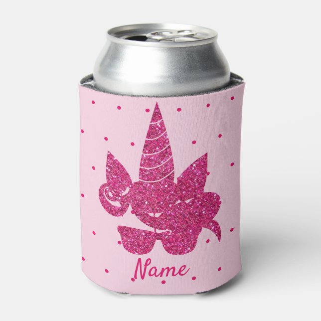 Unicorn Face Pink Glitter Girly Kids Can Cooler (Can Front)