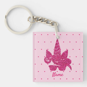 Unicorn Face Pink Glitter Girly Kids Keychain