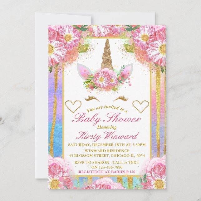 Unicorn Face Pink Gold Baby Shower Invitation (Front)