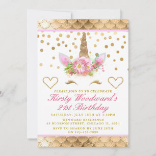 Unicorn Face Pink Gold Confetti Birthday Party Invitation
