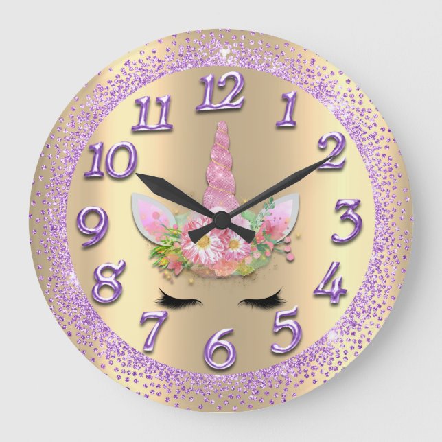 Unicorn Face Pink Gold Girly Glitter Spark Violet Large Clock (Front)