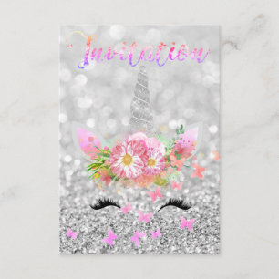 Unicorn Face Pink Gold Silver Grey Glitter Lashes Invitation