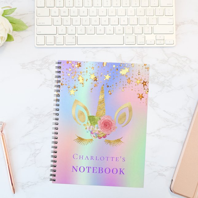 Unicorn face pink gold stars holographic notebook (Creator Uploaded)