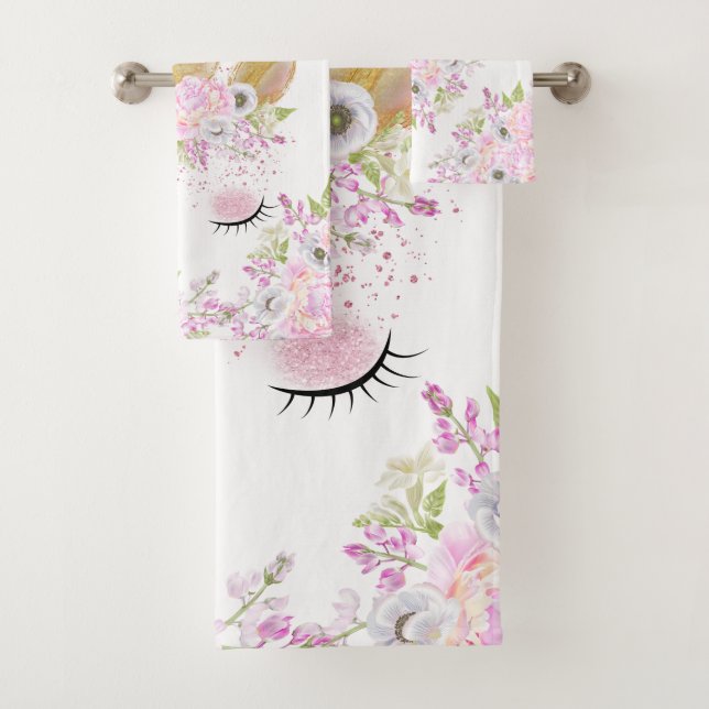 Unicorn Face Pink Peony Floral WhimsicalArtwork™ Bath Towel Set (Insitu)