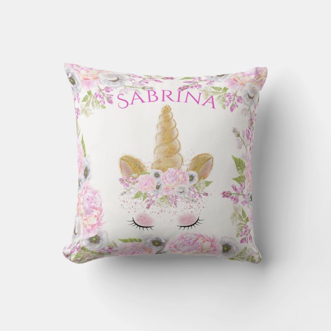 Unicorn Face Pink Peony Floral WhimsicalArtwork™ Throw Pillow (Front)