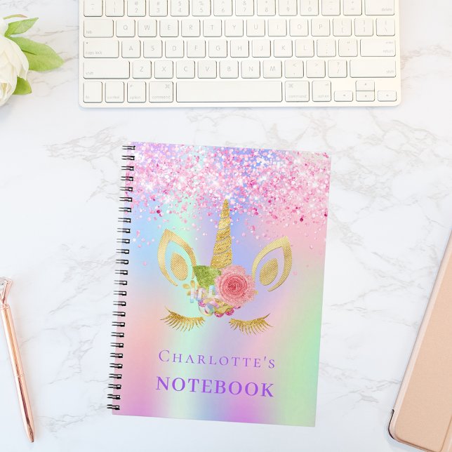 Unicorn face pink purple holographic girl notebook (Creator Uploaded)