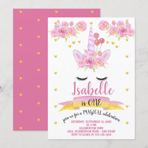 Unicorn Face Pink Watercolor Florals Birthday Invitation