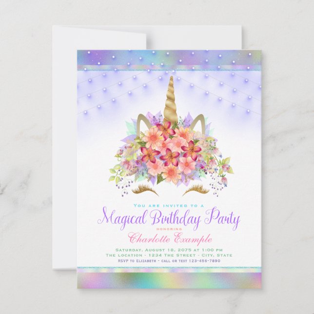 Unicorn Face Rainbow Birthday Party Invitations (Front)