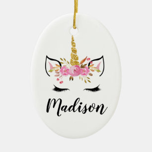 Unicorn Face With Eyelashes Personalized Name Ceramic Ornament