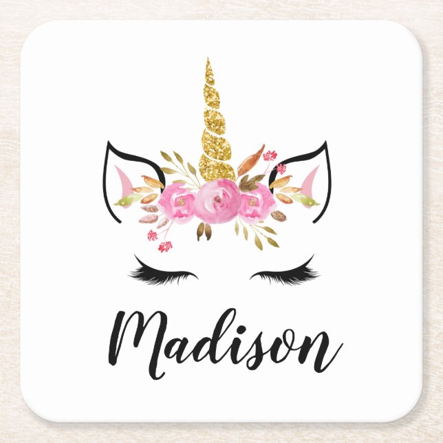 Unicorn Face With Eyelashes Personalized Name Square Paper Coaster (Front)