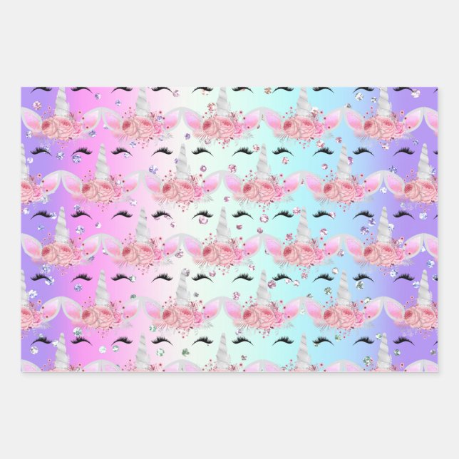 Unicorn Faces and Glitter Wrapping Paper Sheets (Front)