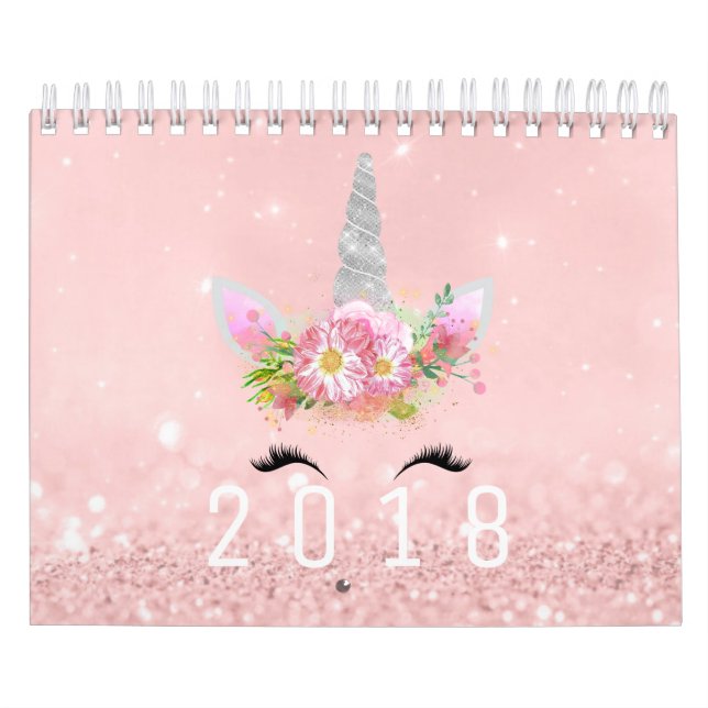 Unicorn Faces Horn Glitter Pink Rose Gold Pastel Calendar (Cover)
