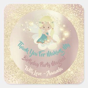 Unicorn Fairly Thanks Favour Glitter Teal Gold Pin Square Sticker
