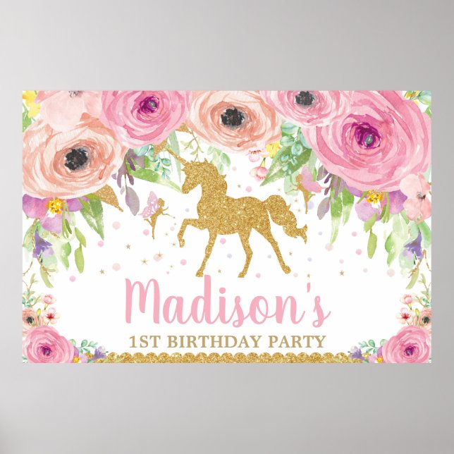 Unicorn Fairy Birthday Party Backdrop Banner Girl Poster (Front)