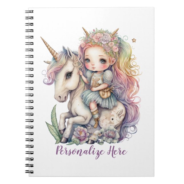 Unicorn Fairy Princess Rainbow Colours Personalize Notebook (Front)