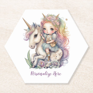 Unicorn Fairy Princess Rainbow Colours Personalize Paper Coaster