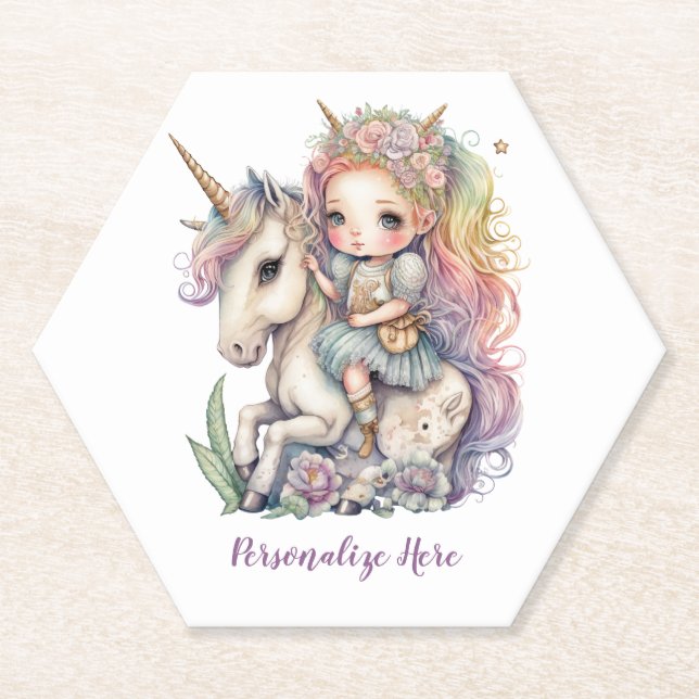 Unicorn Fairy Princess Rainbow Colours Personalize Paper Coaster (Front)