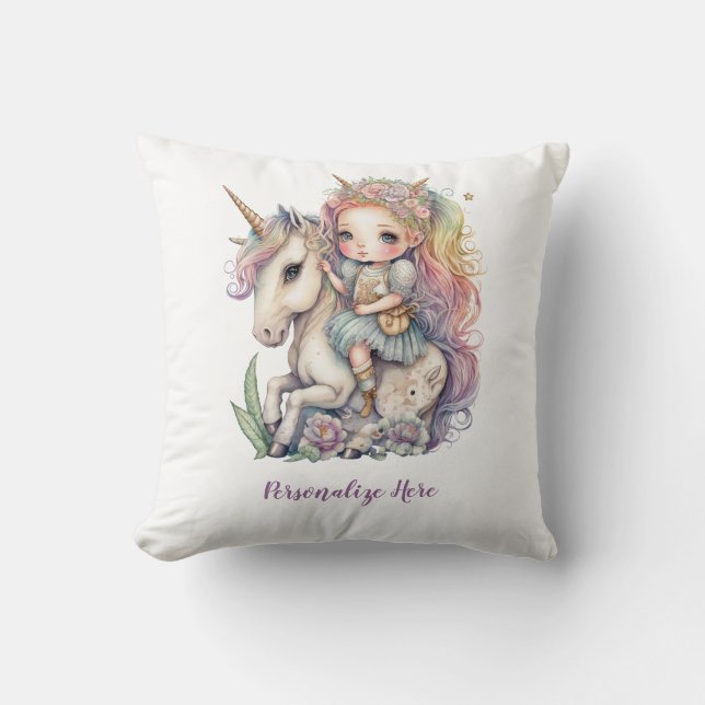 Unicorn Fairy Princess Rainbow Colours Personalize Throw Pillow (Front)