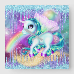 Unicorn fairy winter glitter rainbow ice square wall clock