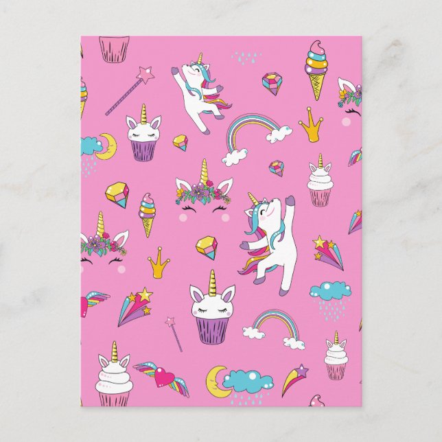 Unicorn Fan Club pattern Pink         Holiday Postcard (Front)