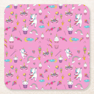 Unicorn Fan Club pattern Pink           Square Paper Coaster