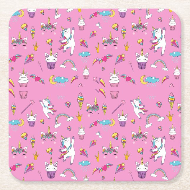 Unicorn Fan Club pattern Pink           Square Paper Coaster (Front)