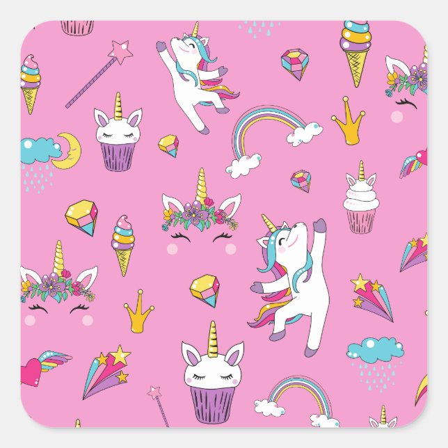 Unicorn Fan Club pattern Pink  Square Sticker (Front)