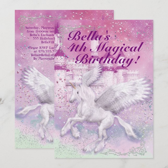 Unicorn Fantasy Castle Birthday Party Invitation (Front/Back)