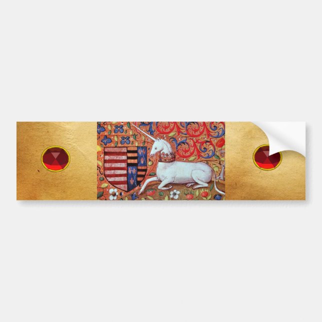 UNICORN,FANTASY FLORAL MOTIFS,RED RUBY GEMSTONES BUMPER STICKER (Front)