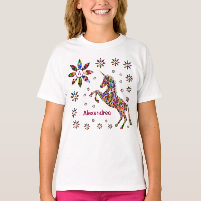  Unicorn Fantasy Flowers Glitter Personalize  T-Shirt (Front)