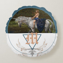 Unicorn fantasy illustration monogram round pillow