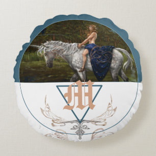 Unicorn fantasy illustration monogram round pillow