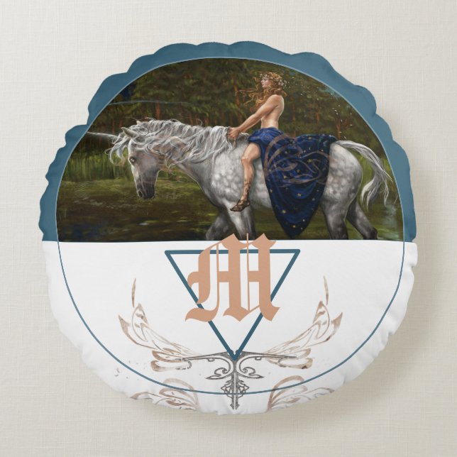 Unicorn fantasy illustration monogram round pillow (Front)